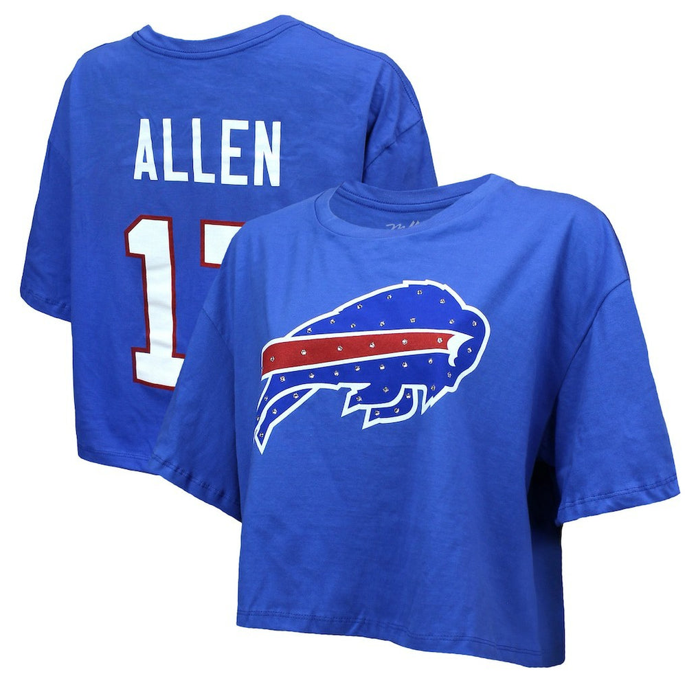 Buffalo Bills Josh Allen  Majestic Threads Women's Swarovski Crystals Boxy Cropped Name & Number T-Shirt | NFL Hot