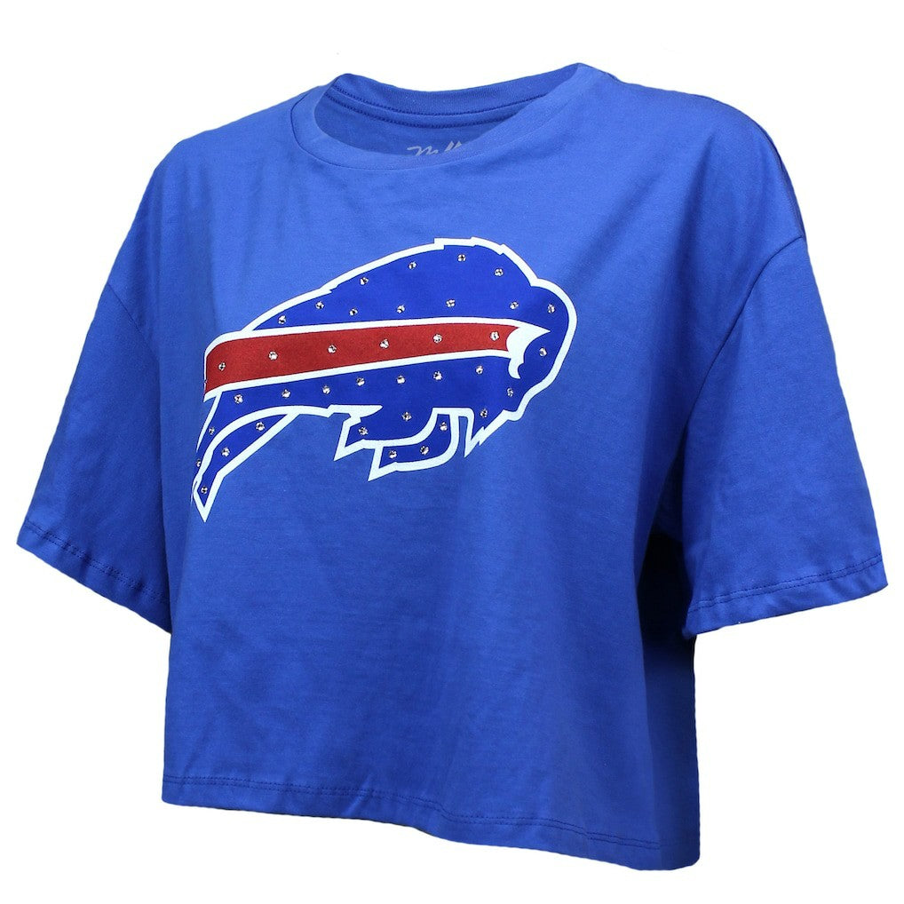 Buffalo Bills Josh Allen  Majestic Threads Women's Swarovski Crystals Boxy Cropped Name & Number T-Shirt | NFL Hot