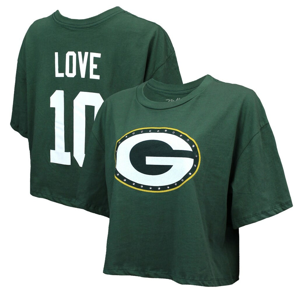 Green Bay Packers Jordan Love  Majestic Threads Women's Swarovski Crystals Boxy Cropped Name & Number T-Shirt | NFL US