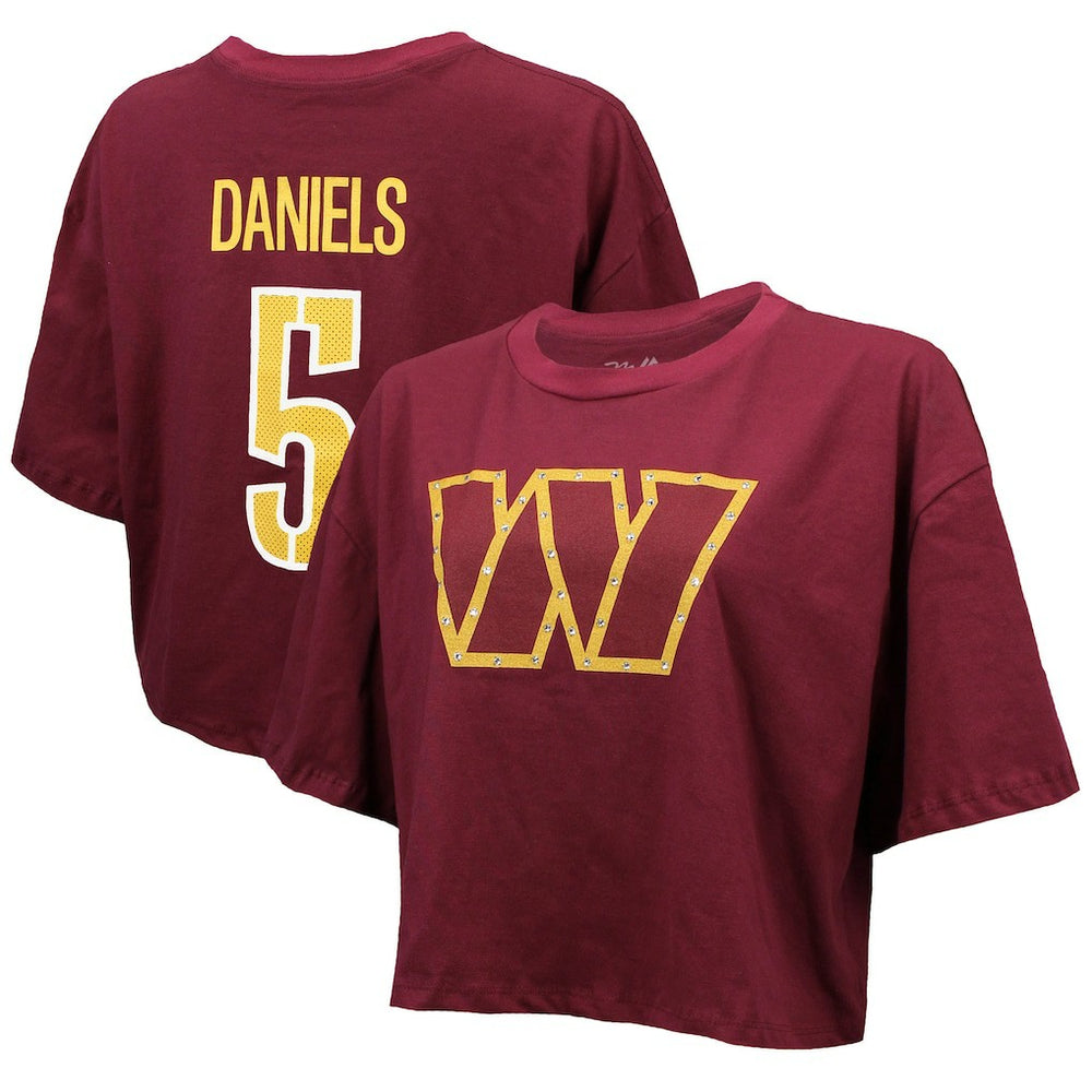 Washington Commanders Jayden Daniels  Majestic Threads Women's Swarovski Crystals Boxy Cropped Name & Number T-Shirt | NFL Near me