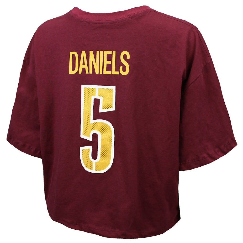 Washington Commanders Jayden Daniels  Majestic Threads Women's Swarovski Crystals Boxy Cropped Name & Number T-Shirt | NFL Near me