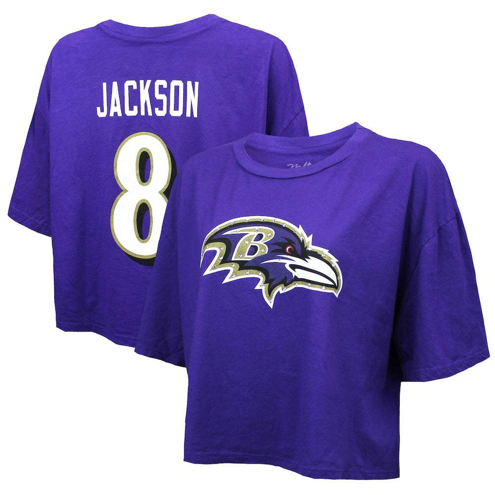 Baltimore Ravens Lamar Jackson  Majestic Threads Women's Swarovski Crystals Boxy Cropped Name & Number T-Shirt | NFL On sale