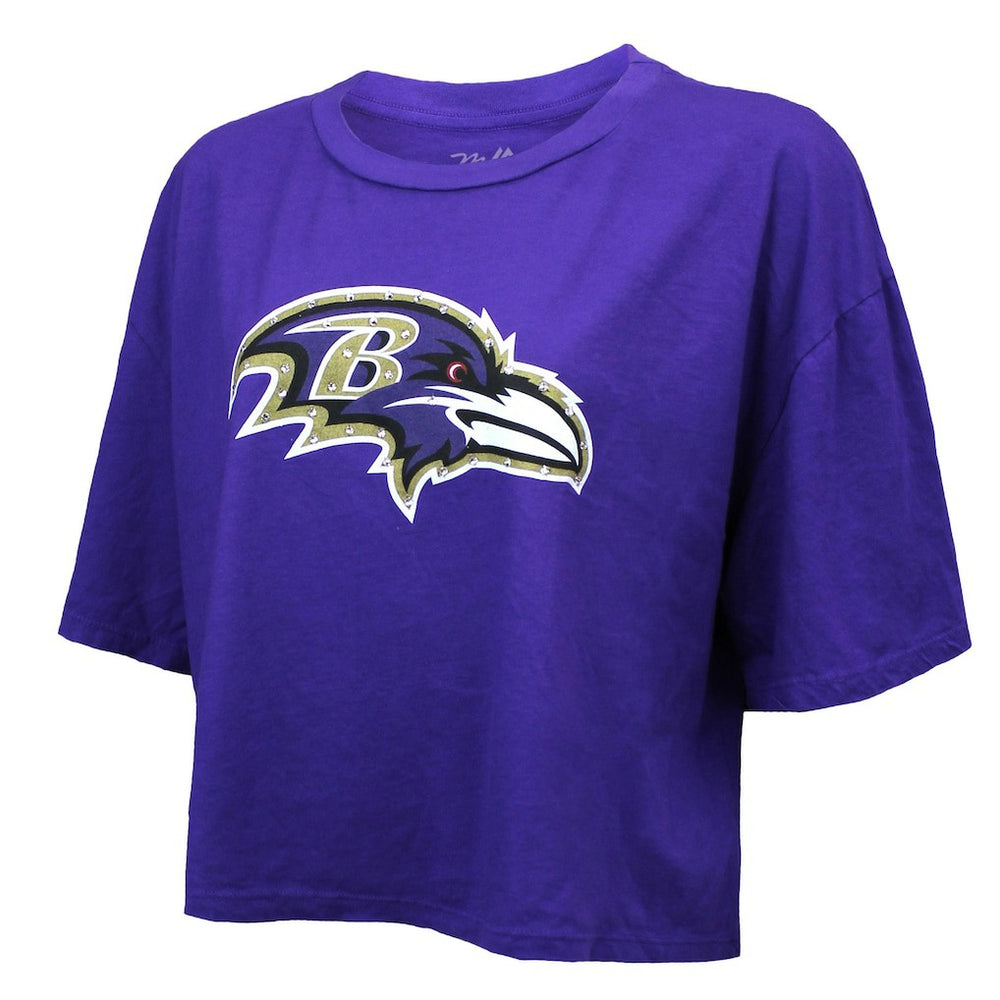 Baltimore Ravens Lamar Jackson  Majestic Threads Women's Swarovski Crystals Boxy Cropped Name & Number T-Shirt | NFL On sale