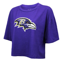 Baltimore Ravens Lamar Jackson  Majestic Threads Women's Swarovski Crystals Boxy Cropped Name & Number T-Shirt | NFL On sale
