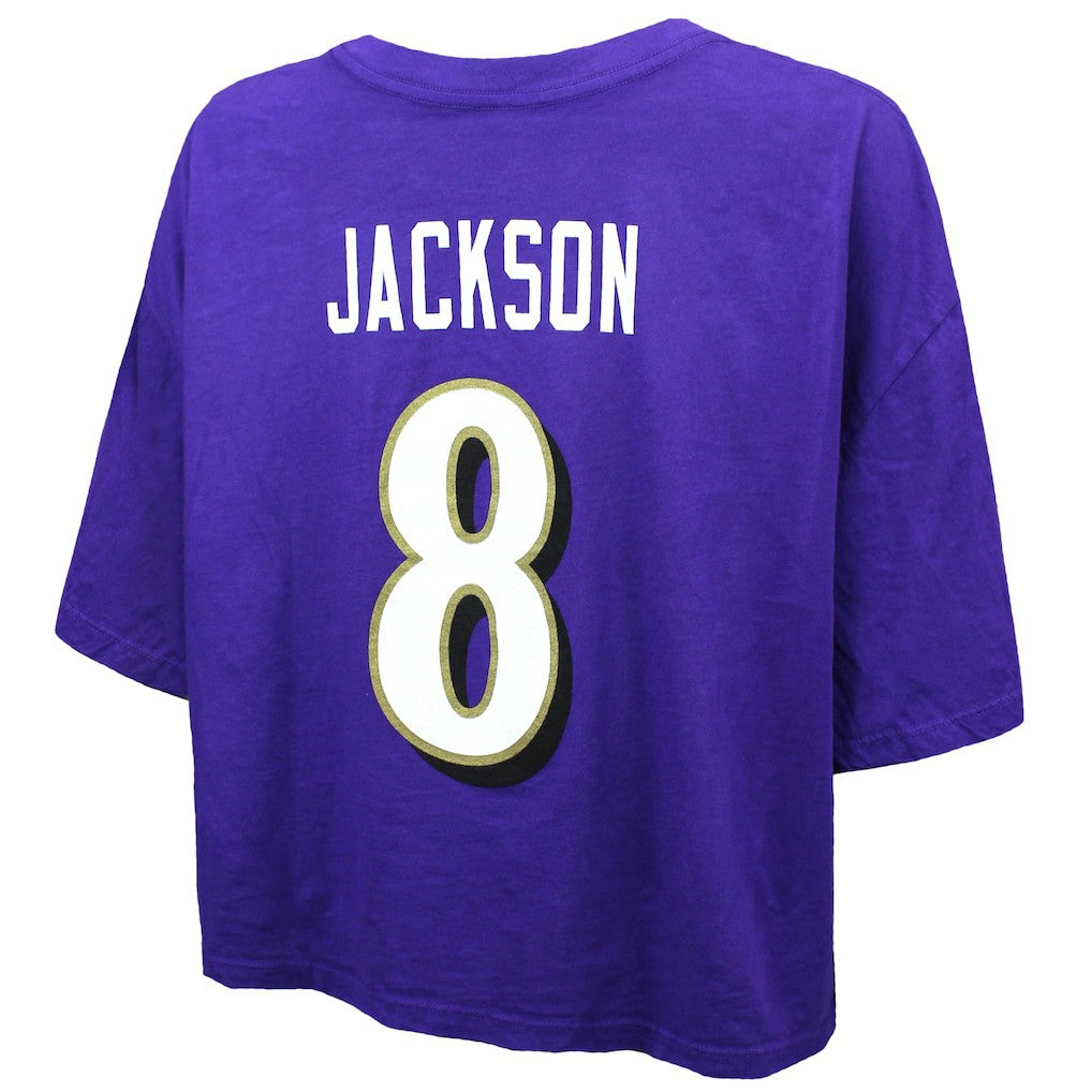 Baltimore Ravens Lamar Jackson  Majestic Threads Women's Swarovski Crystals Boxy Cropped Name & Number T-Shirt | NFL On sale