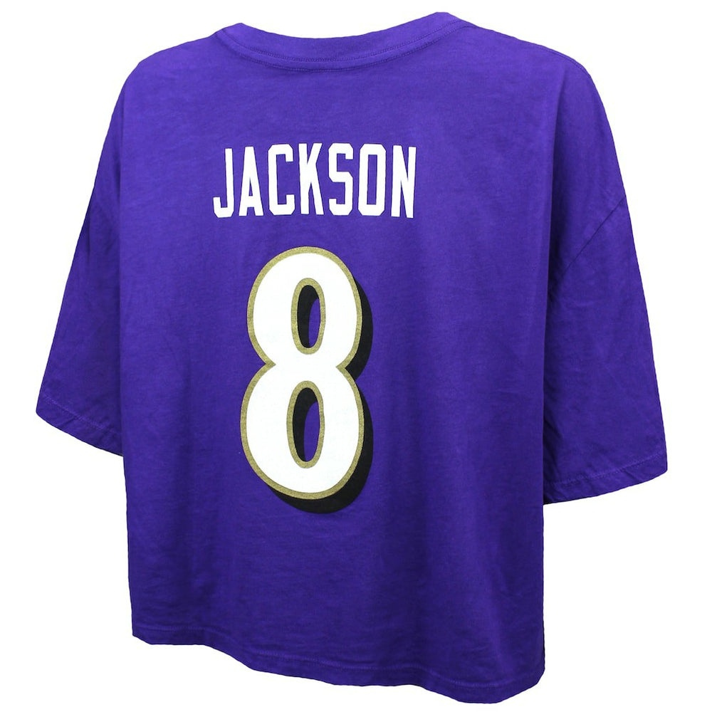 Baltimore Ravens Lamar Jackson  Majestic Threads Women's Swarovski Crystals Boxy Cropped Name & Number T-Shirt | NFL On sale