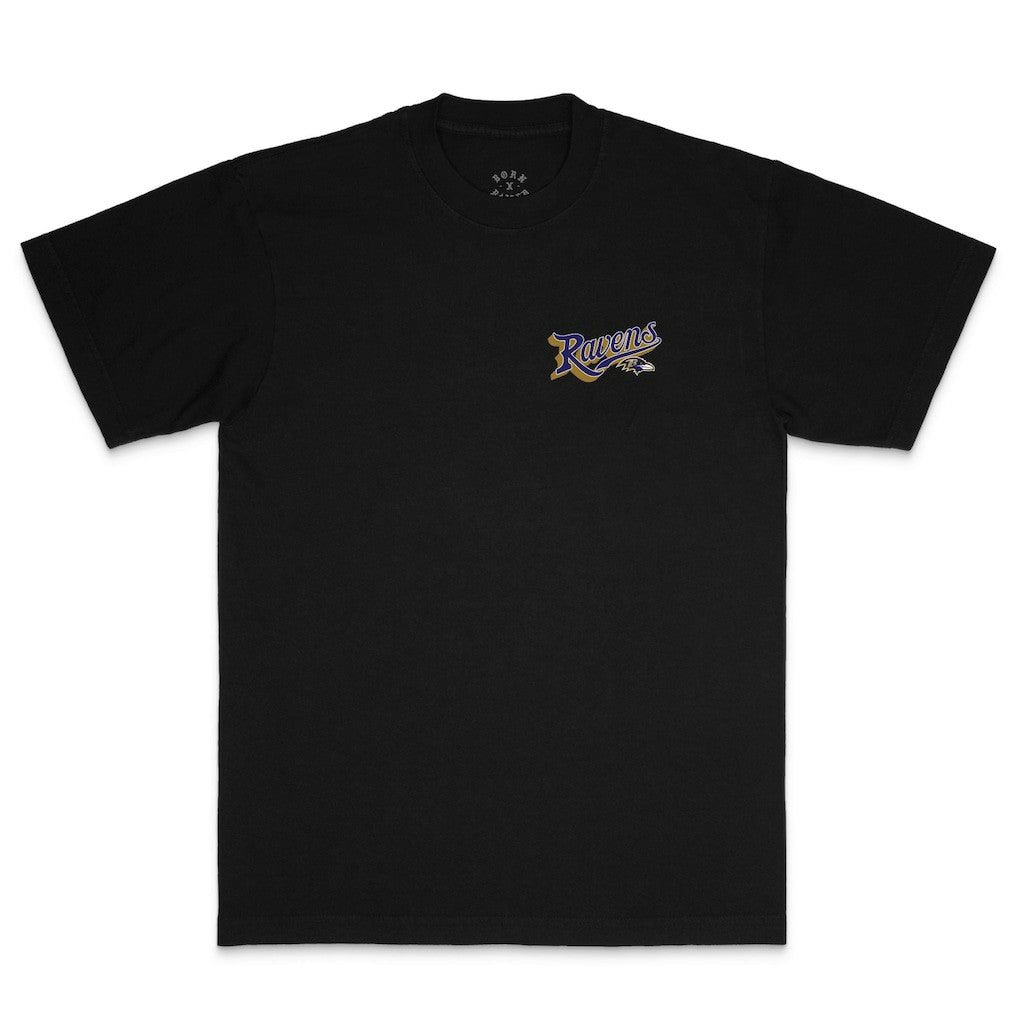 Baltimore Ravens Born x Raised Unisex Pro Script T-Shirt | NFL Discount