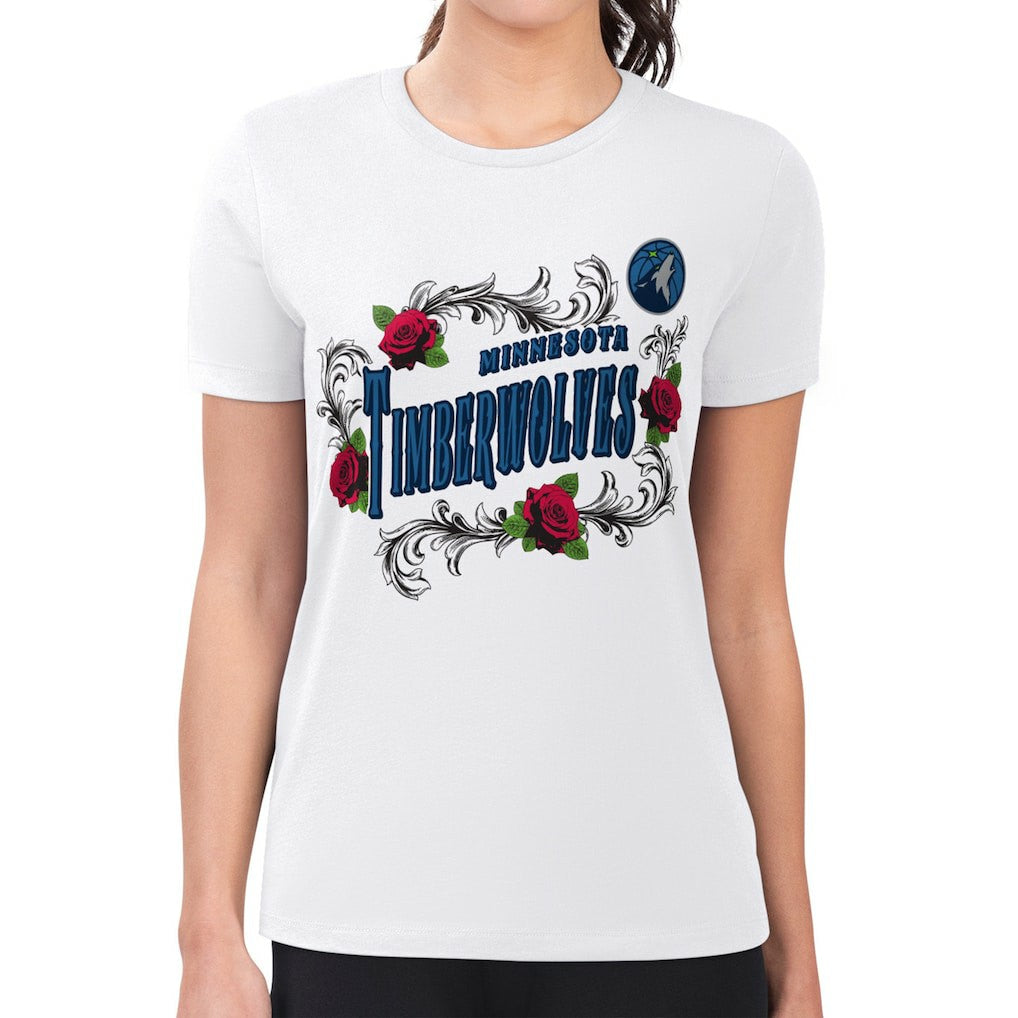 White Minnesota Timberwolves G-III 4Her by Carl Banks Women's Super-Slim Fit Lightweight Roses Crew Neck T-Shirt | NBA