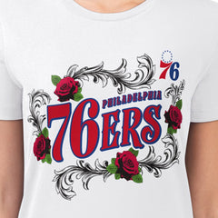 White Philadelphia 76ers G-III 4Her by Carl Banks Women's Super-Slim Fit Lightweight Roses Crew Neck T-Shirt | NBA