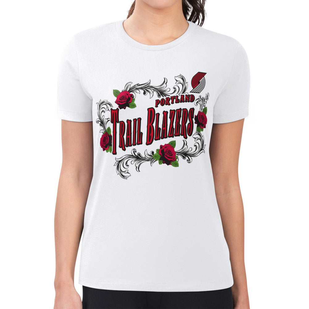 White Portland Trail Blazers G-III 4Her by Carl Banks Women's Super-Slim Fit Lightweight Roses Crew Neck T-Shirt | NBA
