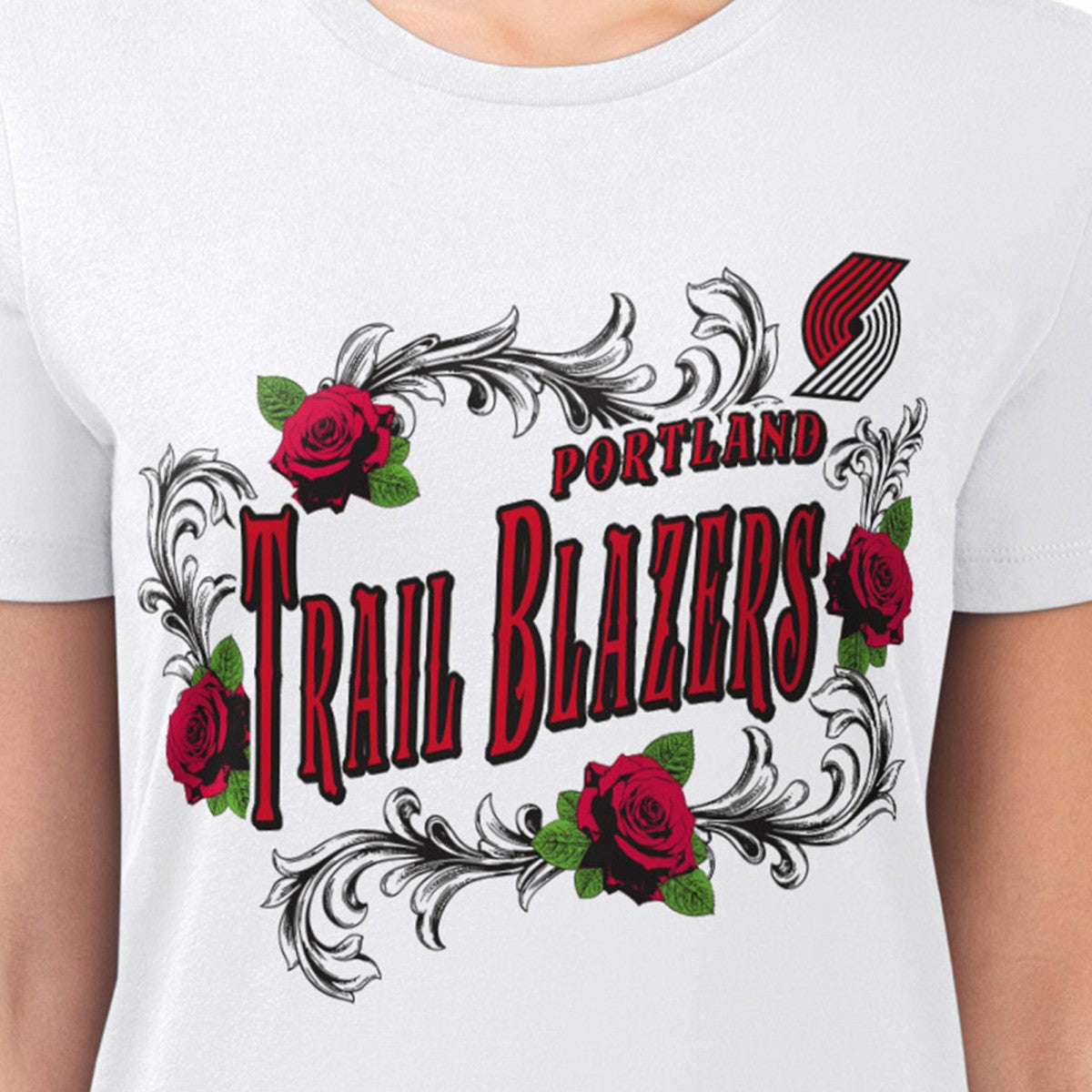 White Portland Trail Blazers G-III 4Her by Carl Banks Women's Super-Slim Fit Lightweight Roses Crew Neck T-Shirt | NBA