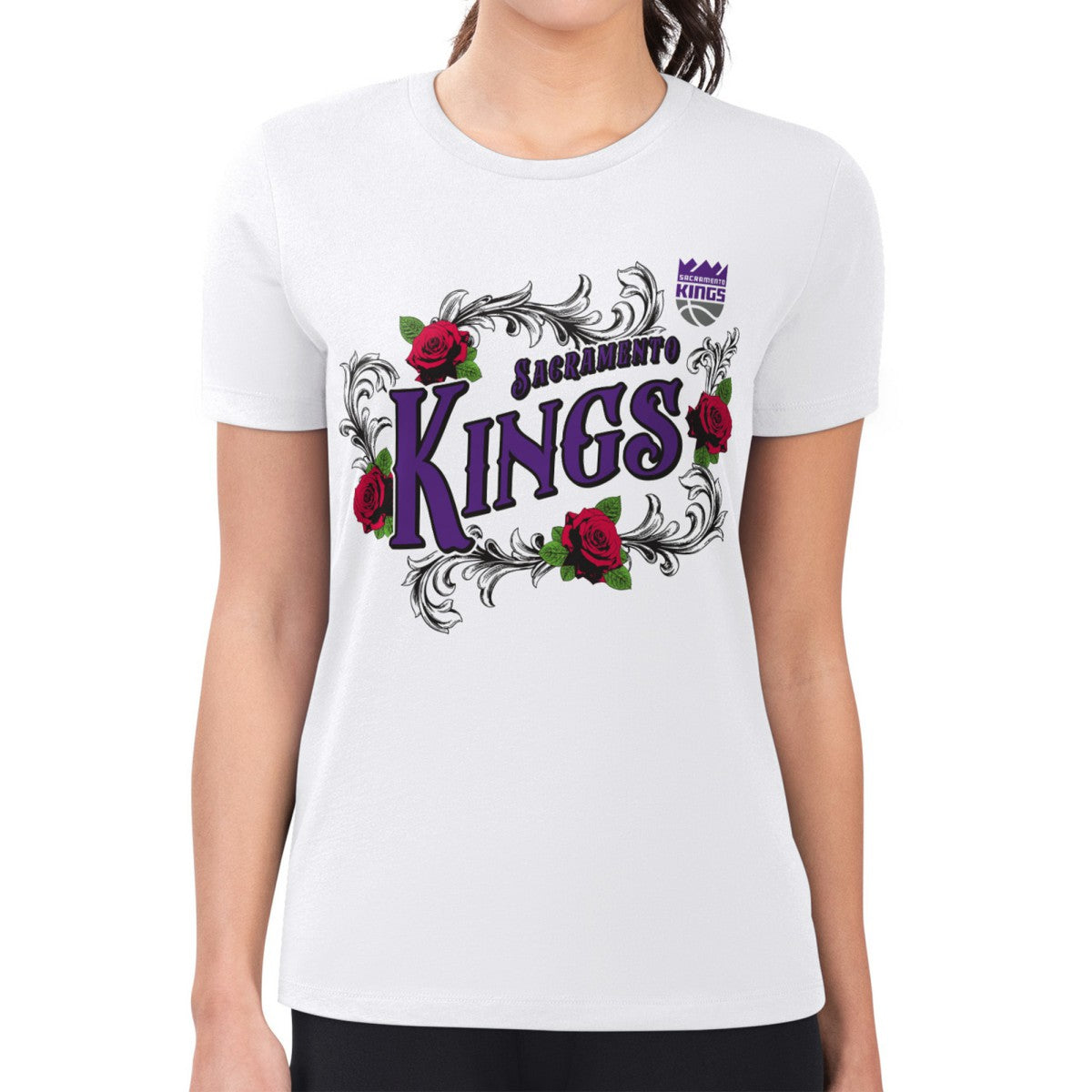 White Sacramento Kings G-III 4Her by Carl Banks Women's Super-Slim Fit Lightweight Roses Crew Neck T-Shirt | NBA
