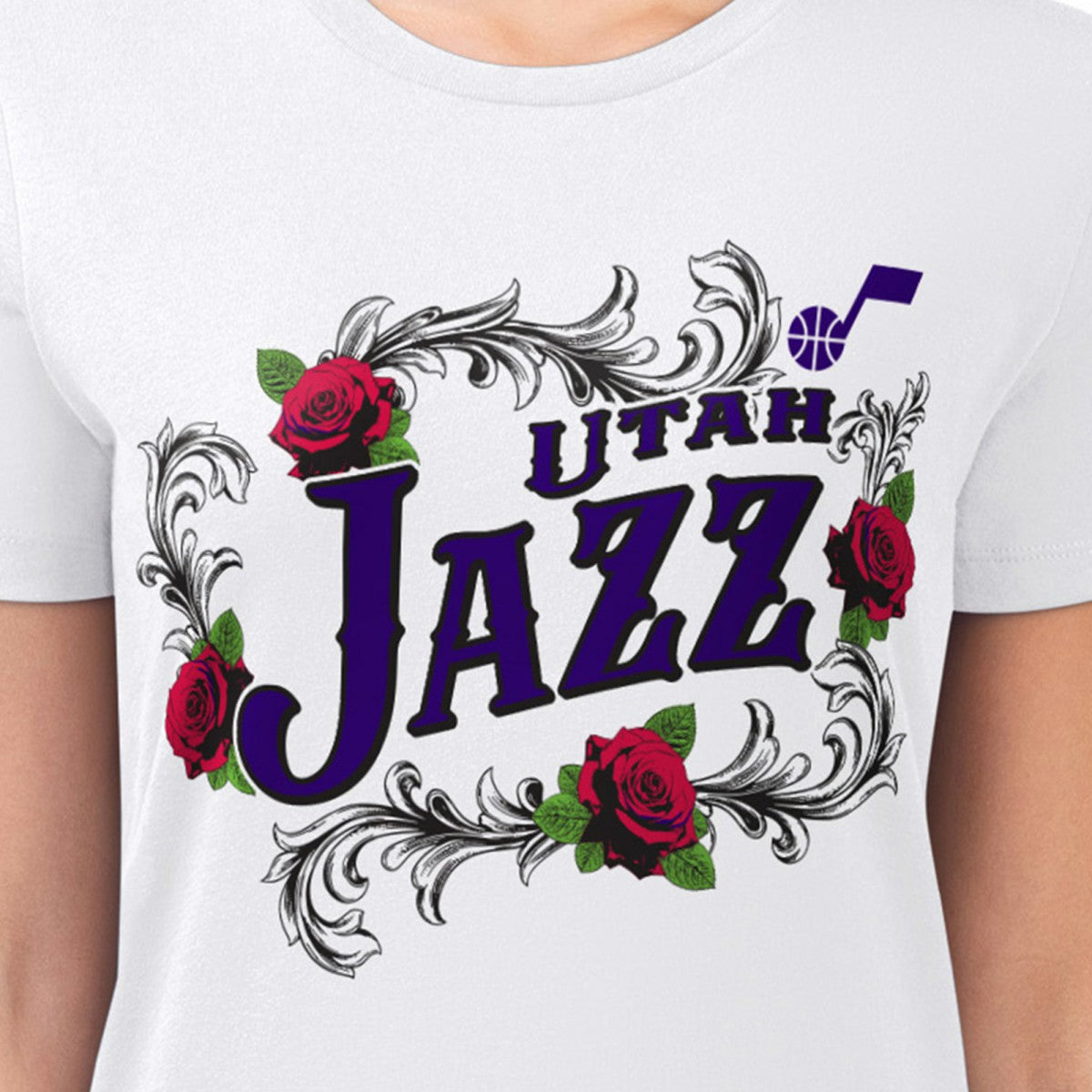 White Utah Jazz G-III 4Her by Carl Banks Women's Super-Slim Fit Lightweight Roses Crew Neck T-Shirt | NBA