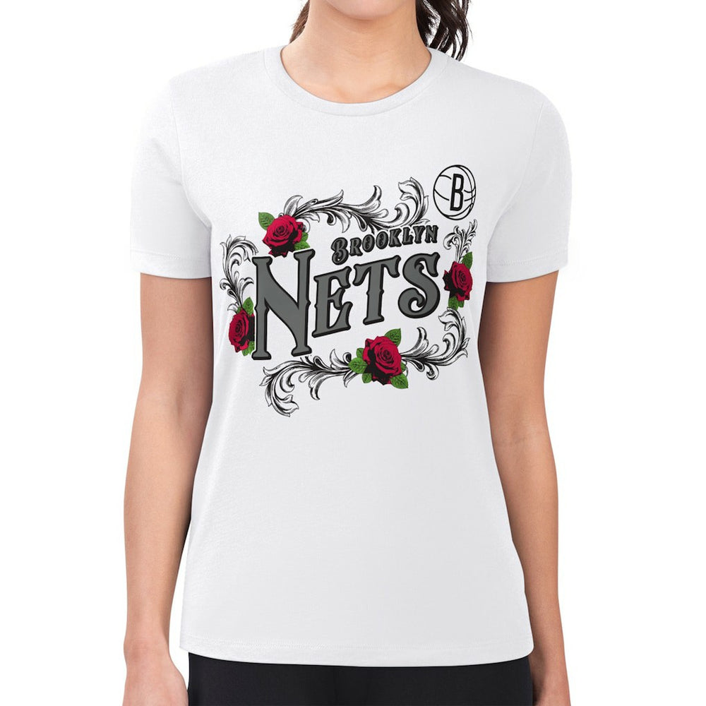 White Brooklyn Nets G-III 4Her by Carl Banks Women's Super-Slim Fit Lightweight Roses Crew Neck T-Shirt | NBA
