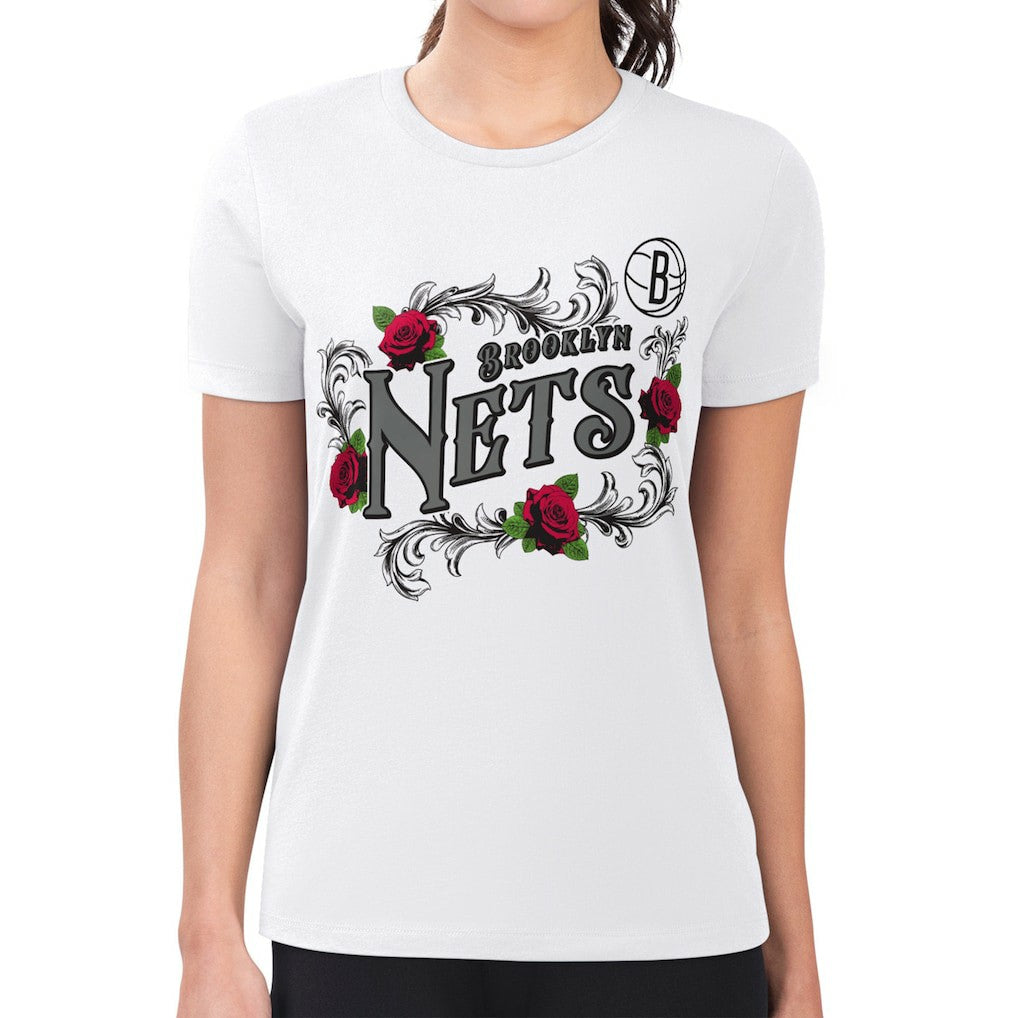 White Brooklyn Nets G-III 4Her by Carl Banks Women's Super-Slim Fit Lightweight Roses Crew Neck T-Shirt | NBA