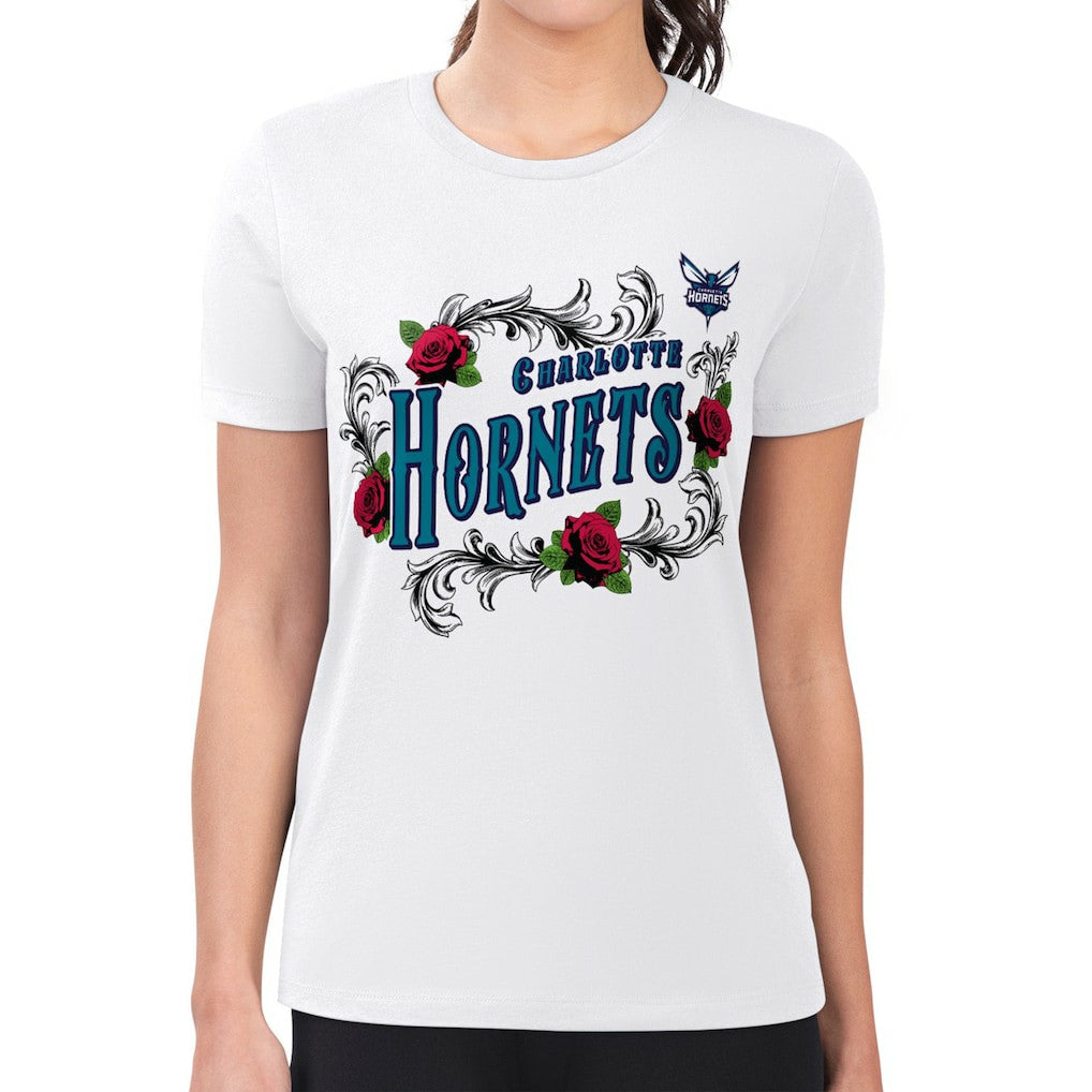 White Charlotte Hornets G-III 4Her by Carl Banks Women's Super-Slim Fit Lightweight Roses Crew Neck T-Shirt | NBA