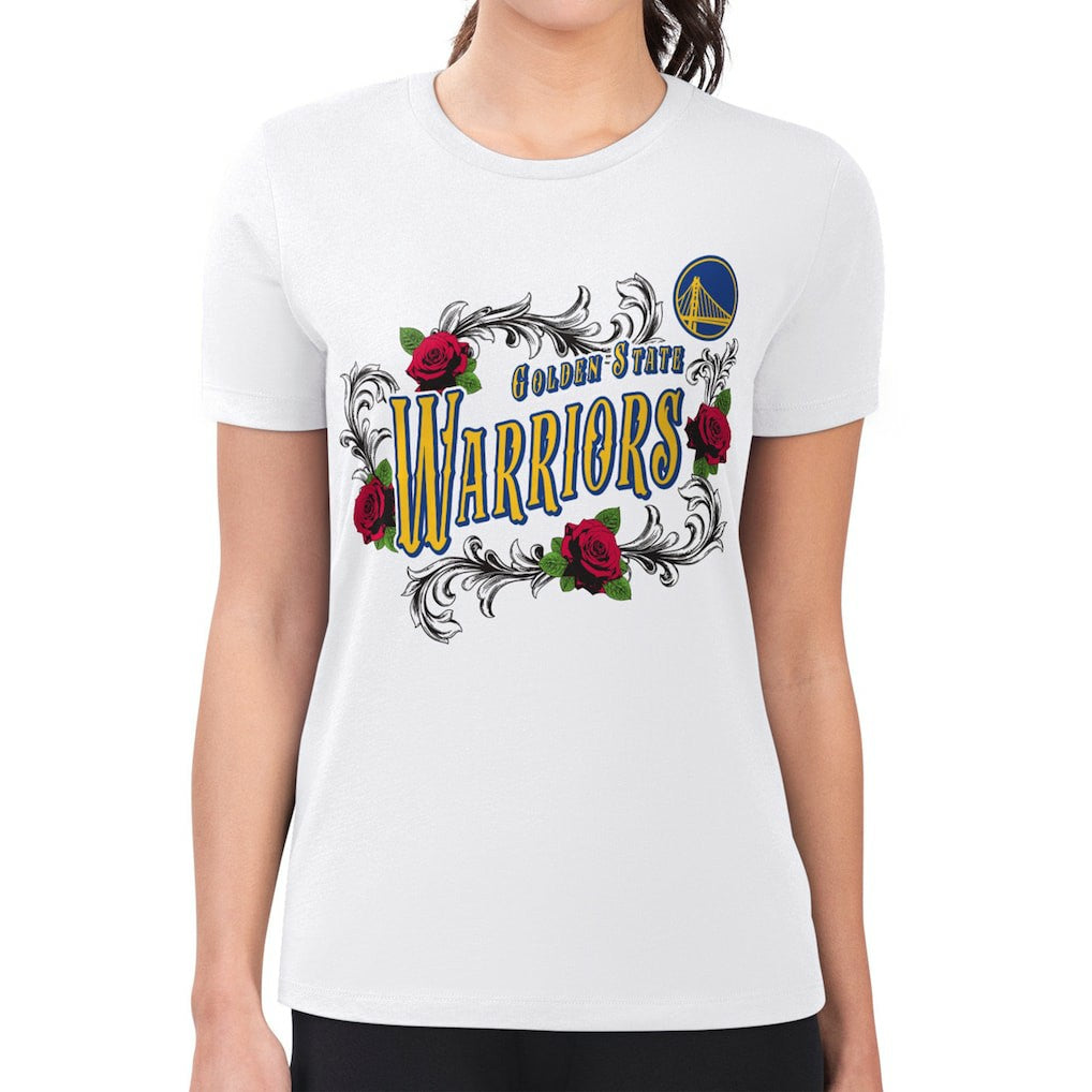 White Golden State Warriors G-III 4Her by Carl Banks Women's Super-Slim Fit Lightweight Roses Crew Neck T-Shirt sale | NBA