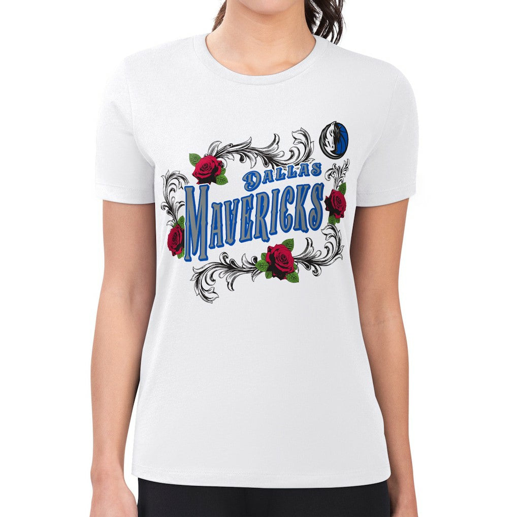 White Dallas Mavericks G-III 4Her by Carl Banks Women's Super-Slim Fit Lightweight Roses Crew Neck T-Shirt sale | NBA