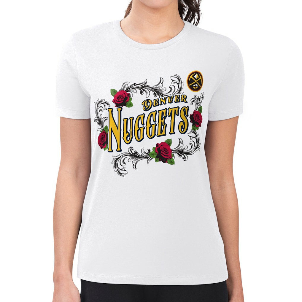White Denver Nuggets G-III 4Her by Carl Banks Women's Super-Slim Fit Lightweight Roses Crew Neck T-Shirt sale | NBA