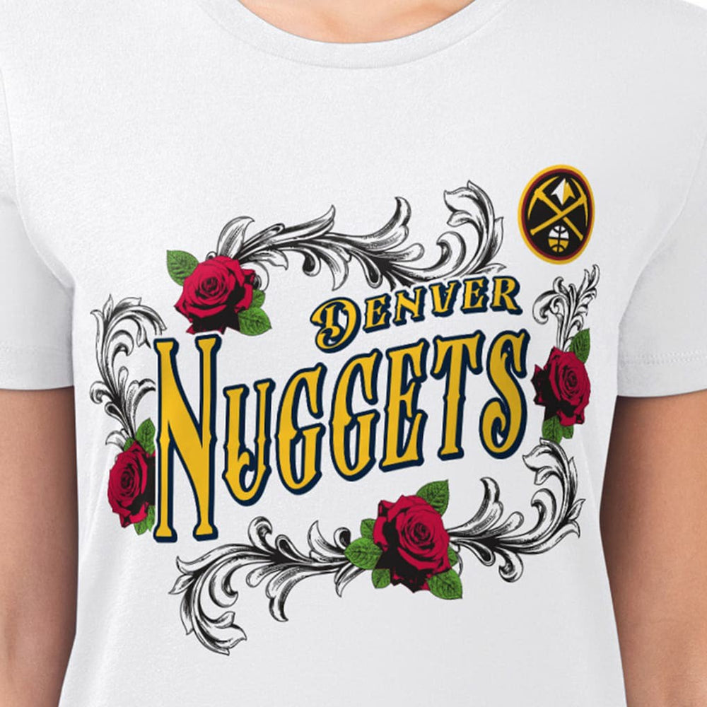 White Denver Nuggets G-III 4Her by Carl Banks Women's Super-Slim Fit Lightweight Roses Crew Neck T-Shirt sale | NBA