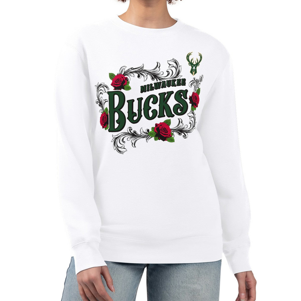 White Milwaukee Bucks G-III 4Her by Carl Banks Women's Roses Fleece Tri-Blend Sweatshirt | NBA