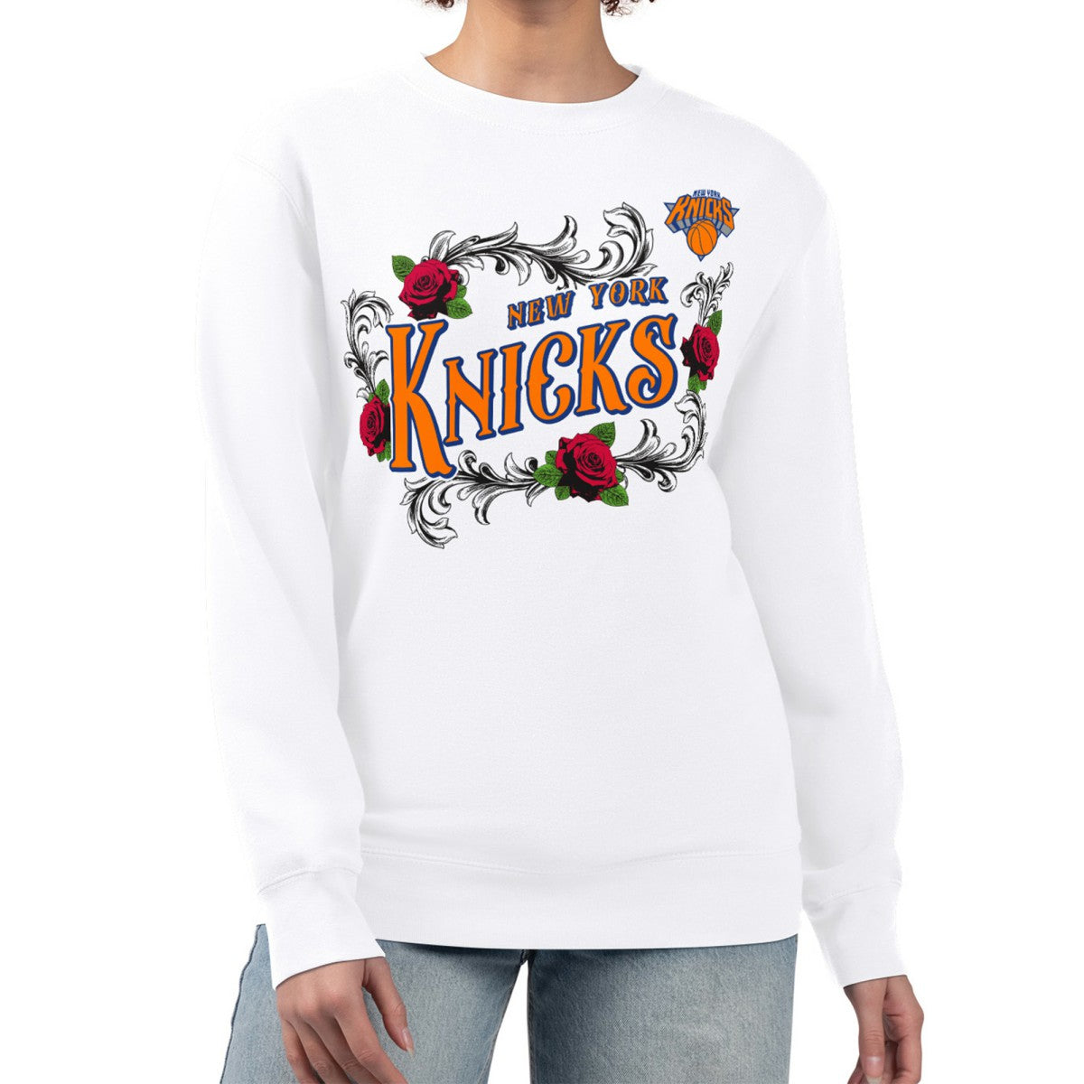 White New York Knicks G-III 4Her by Carl Banks Women's Roses Fleece Tri-Blend Sweatshirt | NBA