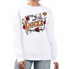 White New York Knicks G-III 4Her by Carl Banks Women's Roses Fleece Tri-Blend Sweatshirt | NBA