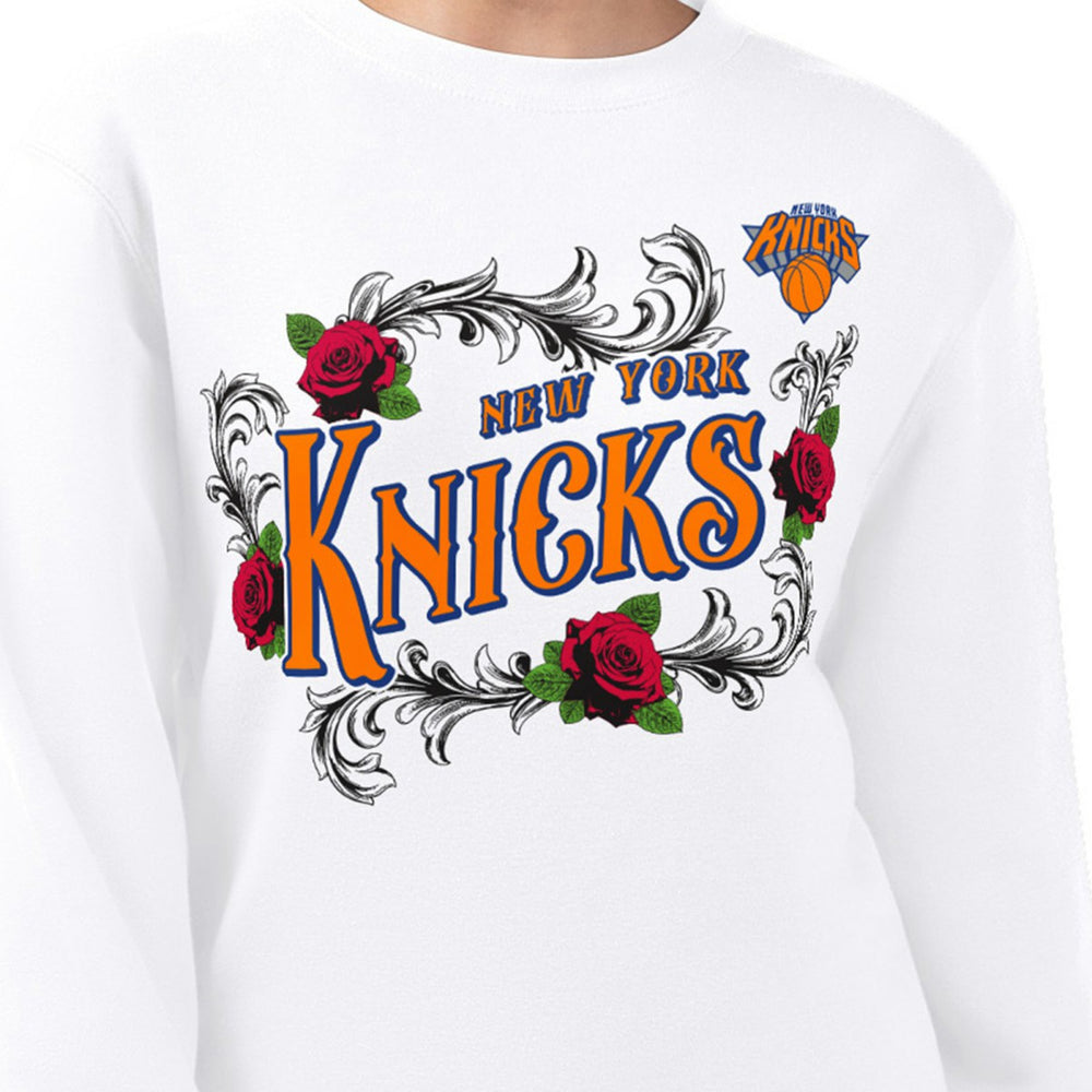 White New York Knicks G-III 4Her by Carl Banks Women's Roses Fleece Tri-Blend Sweatshirt | NBA