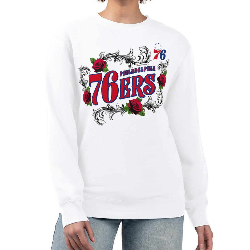 White Philadelphia 76ers G-III 4Her by Carl Banks Women's Roses Fleece Tri-Blend Sweatshirt | NBA