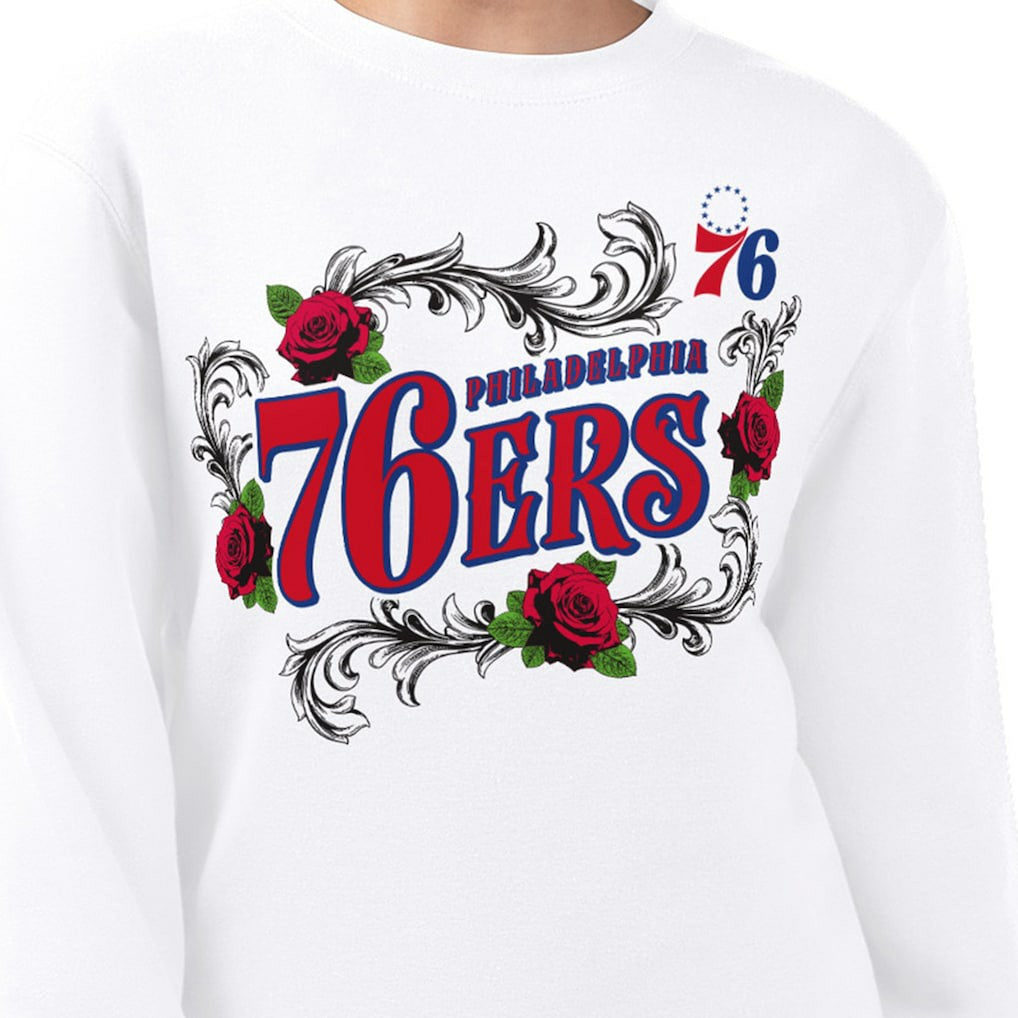 White Philadelphia 76ers G-III 4Her by Carl Banks Women's Roses Fleece Tri-Blend Sweatshirt | NBA