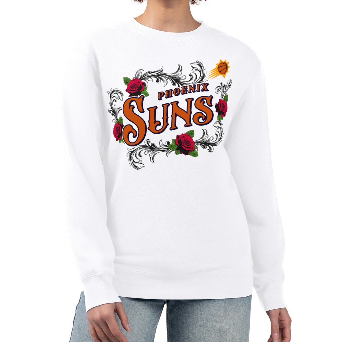 White Phoenix Suns G-III 4Her by Carl Banks Women's Roses Fleece Tri-Blend Sweatshirt | NBA