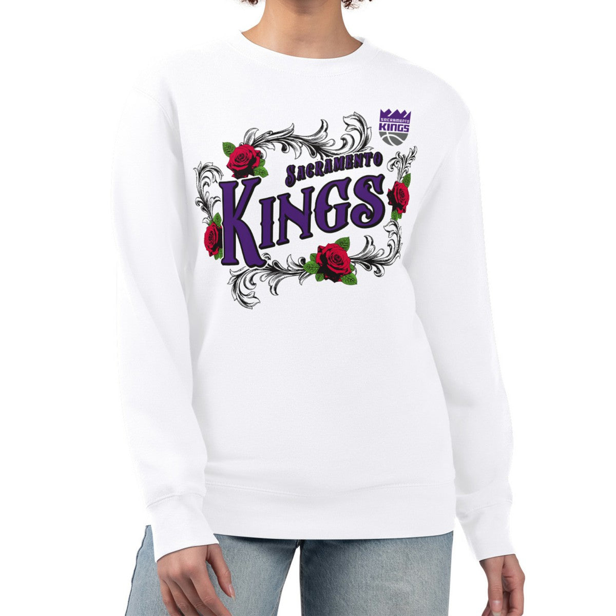 White Sacramento Kings G-III 4Her by Carl Banks Women's Roses Fleece Tri-Blend Sweatshirt | NBA