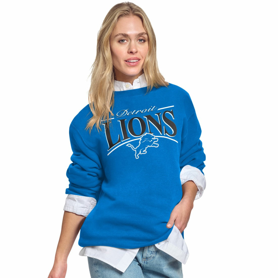Detroit Lions Starter Women's Arch Stripe Fleece Crewneck Sweatshirt | NFL Online