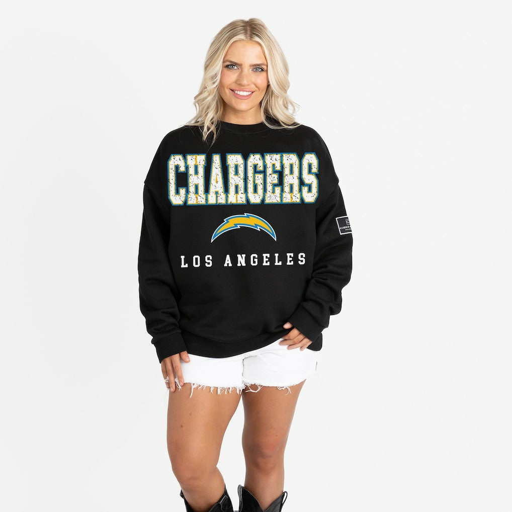 Los Angeles Chargers Gameday Couture Women's Oversized Level Up Black Label Premium Fleece Sweatshirt | NFL On sale