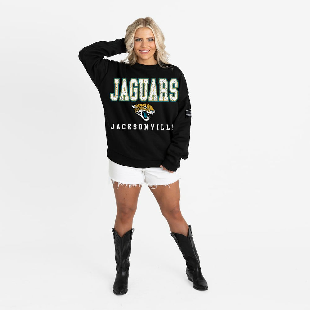 Jacksonville Jaguars Gameday Couture Women's Oversized Level Up Black Label Premium Fleece Sweatshirt | NFL Outlet
