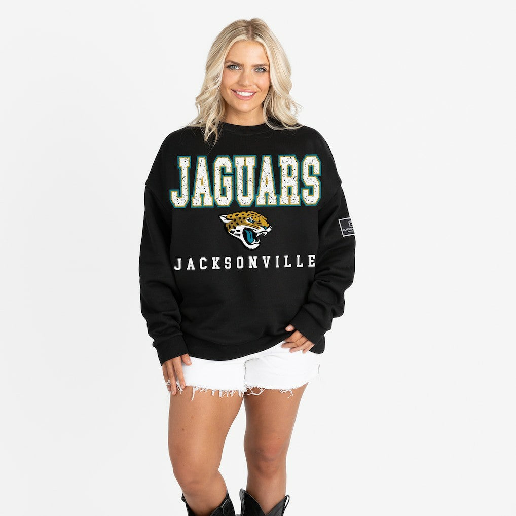 Jacksonville Jaguars Gameday Couture Women's Oversized Level Up Black Label Premium Fleece Sweatshirt | NFL Outlet