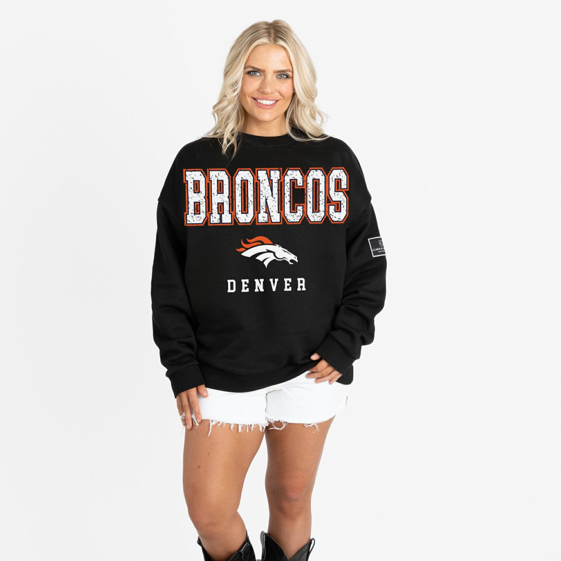 Denver Broncos Gameday Couture Women's Oversized Level Up Black Label Premium Fleece Sweatshirt | NFL Near me