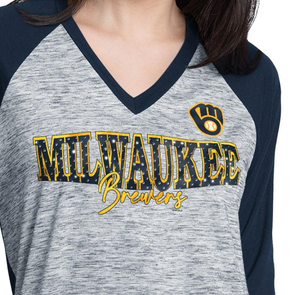 Milwaukee Brewers G-III 4Her by Carl Banks Women's Speed Training 3/4-Sleeve Rhinestone V-Neck T-Shirt - MLB T-shirts