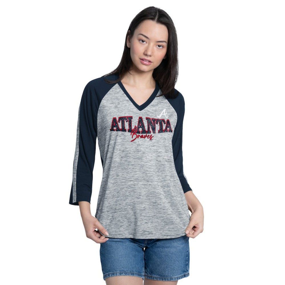 Atlanta Braves G-III 4Her by Carl Banks Women's Speed Training 3/4-Sleeve Rhinestone V-Neck T-Shirt - MLB T-shirts