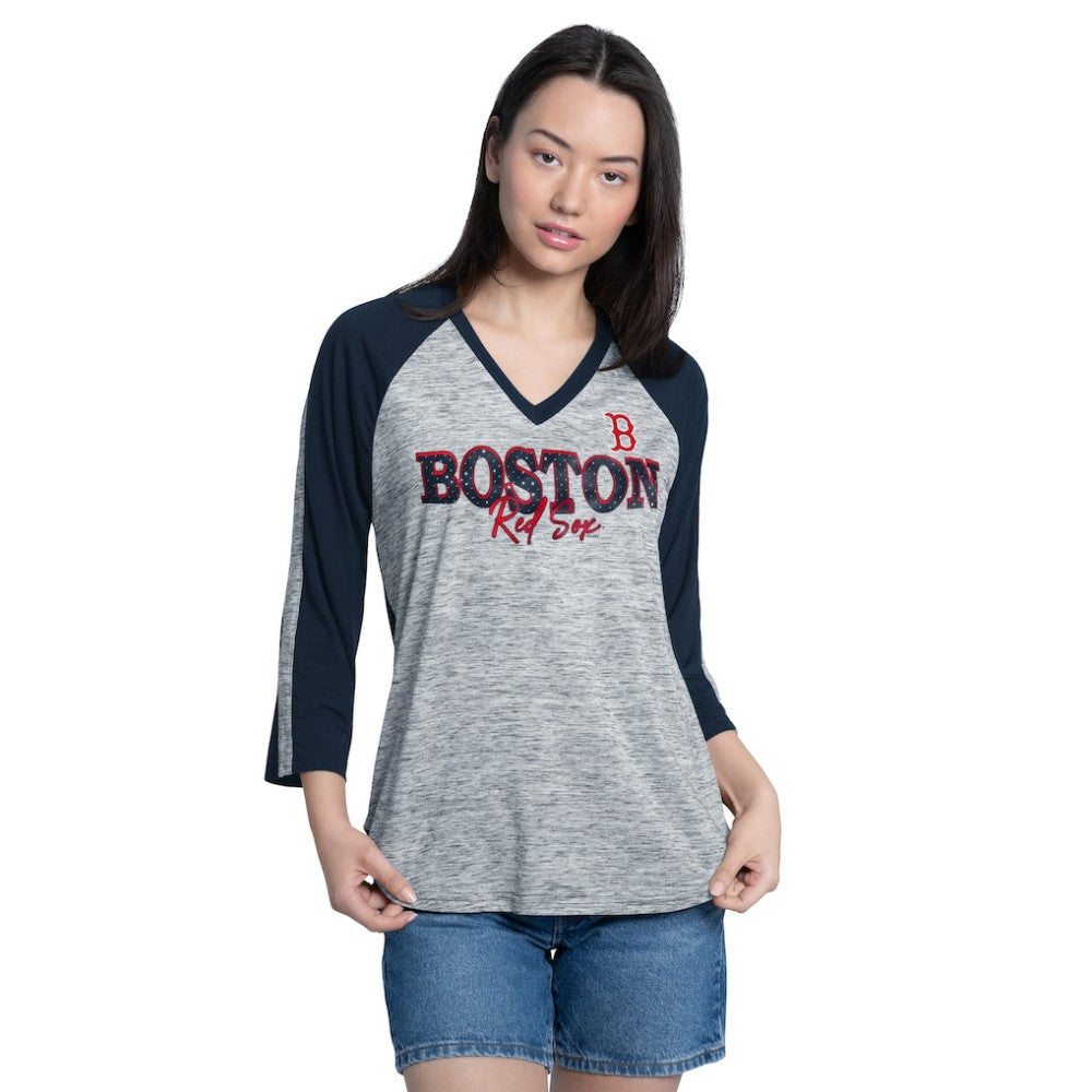 Boston Red Sox G-III 4Her by Carl Banks Women's Speed Training 3/4-Sleeve Rhinestone V-Neck T-Shirt - MLB T-shirts