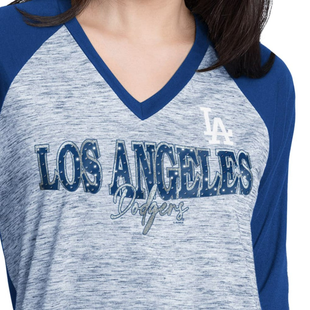 Los Angeles Dodgers G-III 4Her by Carl Banks Women's Speed Training 3/4-Sleeve Rhinestone V-Neck T-Shirt - MLB T-shirts