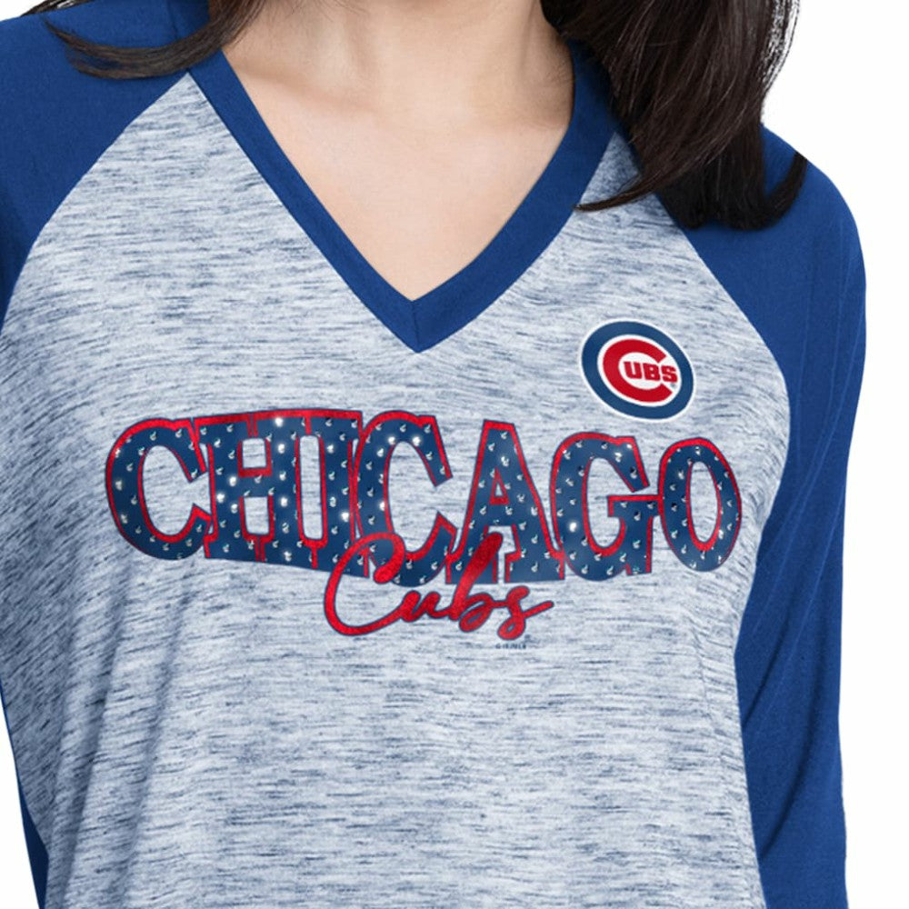 Chicago Cubs G-III 4Her by Carl Banks Women's Speed Training 3/4-Sleeve Rhinestone V-Neck T-Shirt - MLB T-shirts