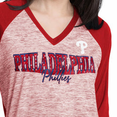 Philadelphia Phillies G-III 4Her by Carl Banks Women's Speed Training 3/4-Sleeve Rhinestone V-Neck T-Shirt - MLB T-shirts