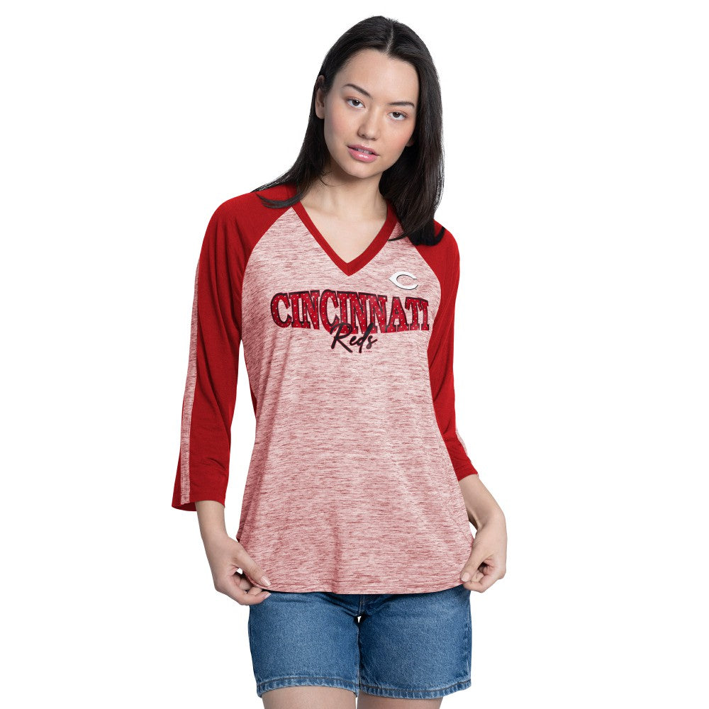 Cincinnati Reds G-III 4Her by Carl Banks Women's Speed Training 3/4-Sleeve Rhinestone V-Neck T-Shirt - MLB T-shirts