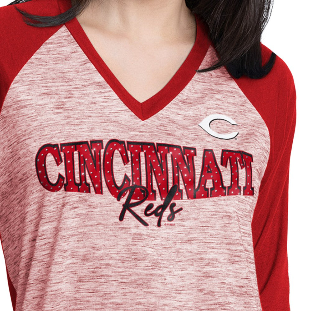 Cincinnati Reds G-III 4Her by Carl Banks Women's Speed Training 3/4-Sleeve Rhinestone V-Neck T-Shirt - MLB T-shirts