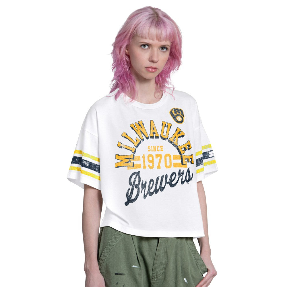 Milwaukee Brewers Starter Women's Cropped Hurry Up Offense T-Shirt - MLB T-shirts