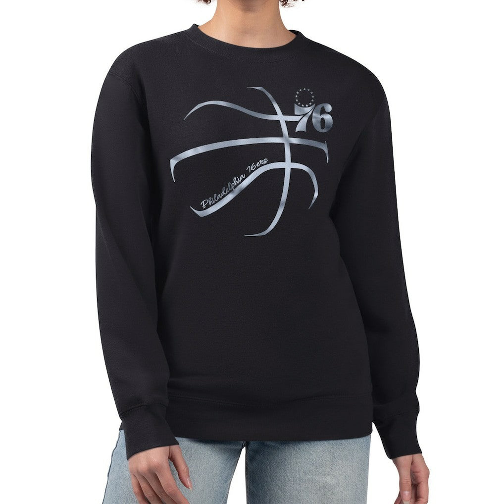 Black Philadelphia 76ers G-III 4Her by Carl Banks Women's Metallic Print Basketball Sketch Fleece Sweatshirt | NBA
