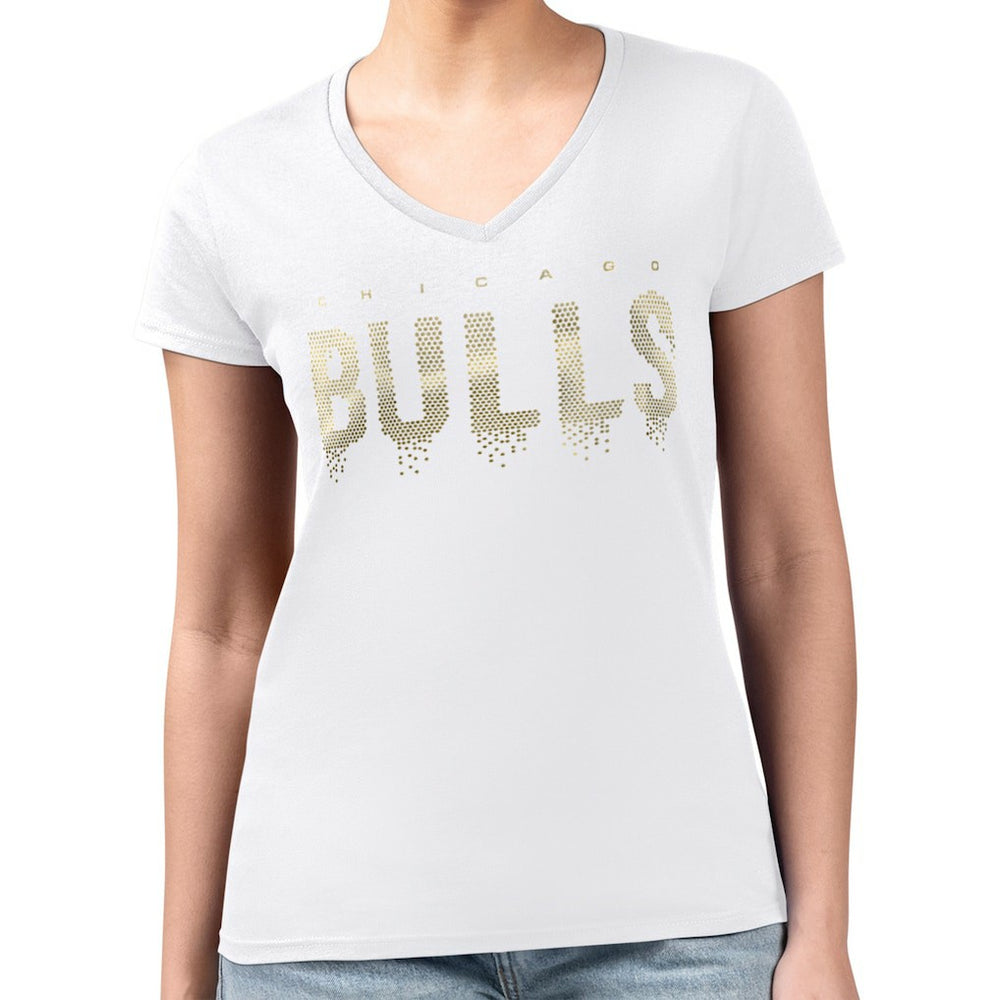 White Chicago Bulls G-III 4Her by Carl Banks Women's Super-Slim-Fit Metallic Drop Lightweight V-Neck T-Shirt sale | NBA