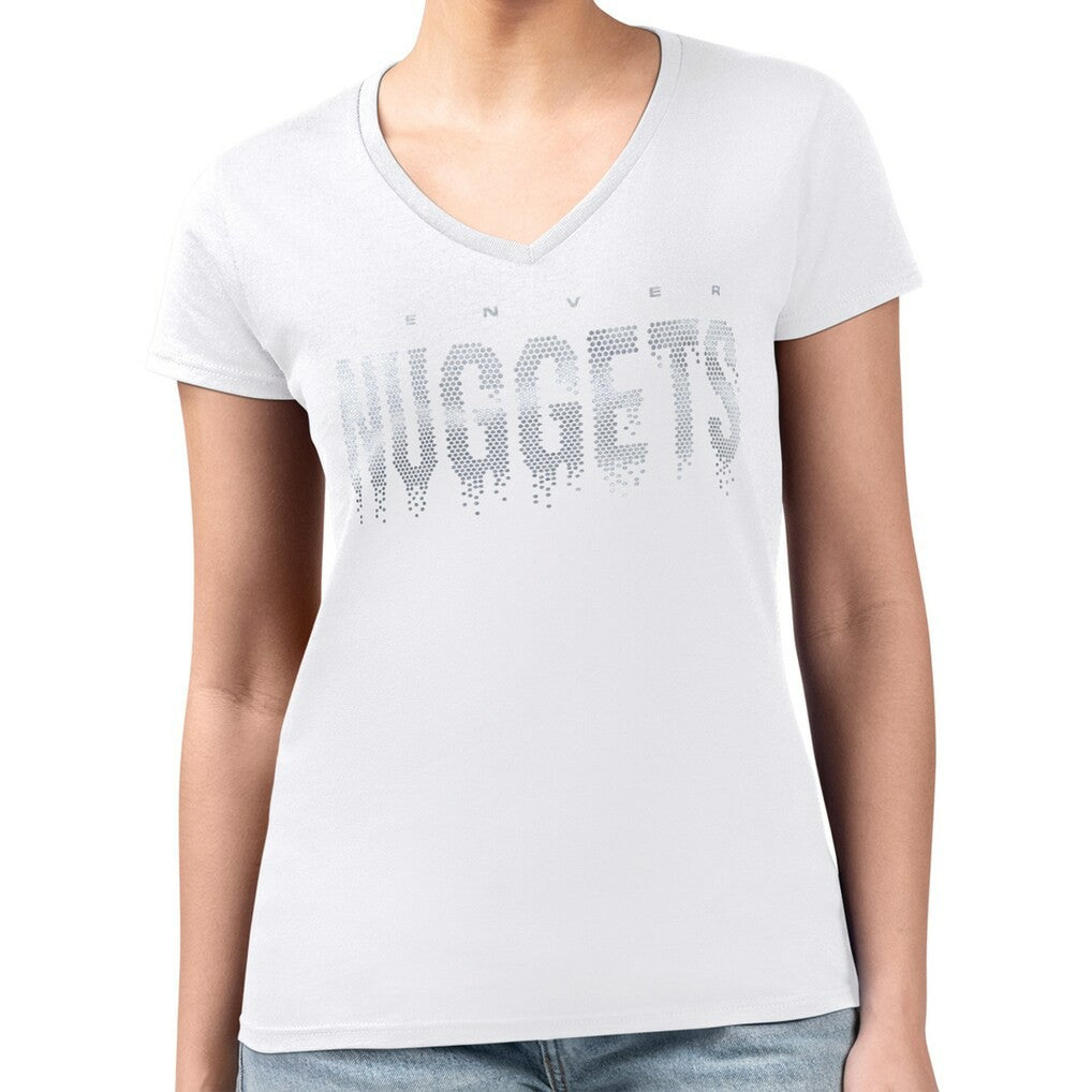 White Denver Nuggets G-III 4Her by Carl Banks Women's Super-Slim-Fit Metallic Drop Lightweight V-Neck T-Shirt sale | NBA