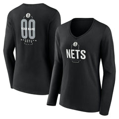 Black Brooklyn Nets Women's Center Court Name & Number Custom Long Sleeve V-Neck T-Shirt | NBA